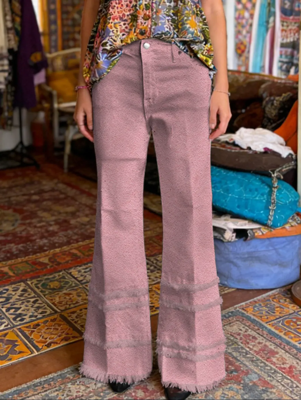 Women's Art Print Frayed Denim Jeans - Image 2