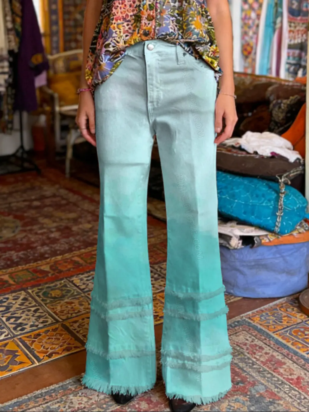 Women's Art Print Frayed Denim Jeans - Image 3