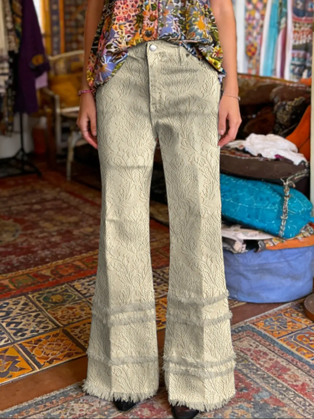 Women's Art Print Frayed Denim Jeans - Image 4