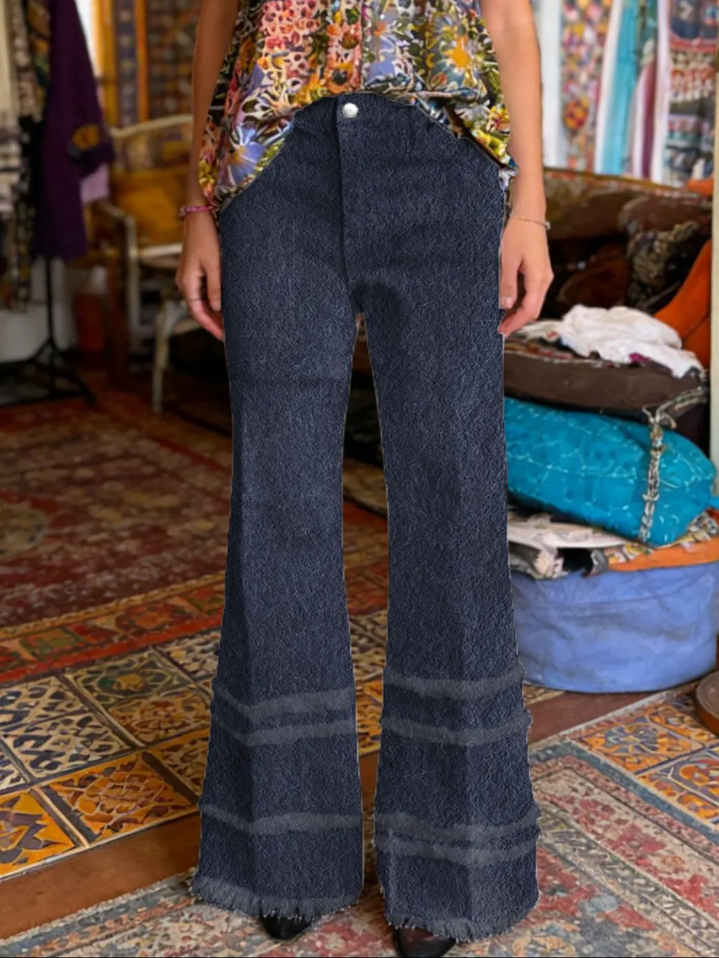 Women's Art Print Frayed Denim Jeans - Image 7