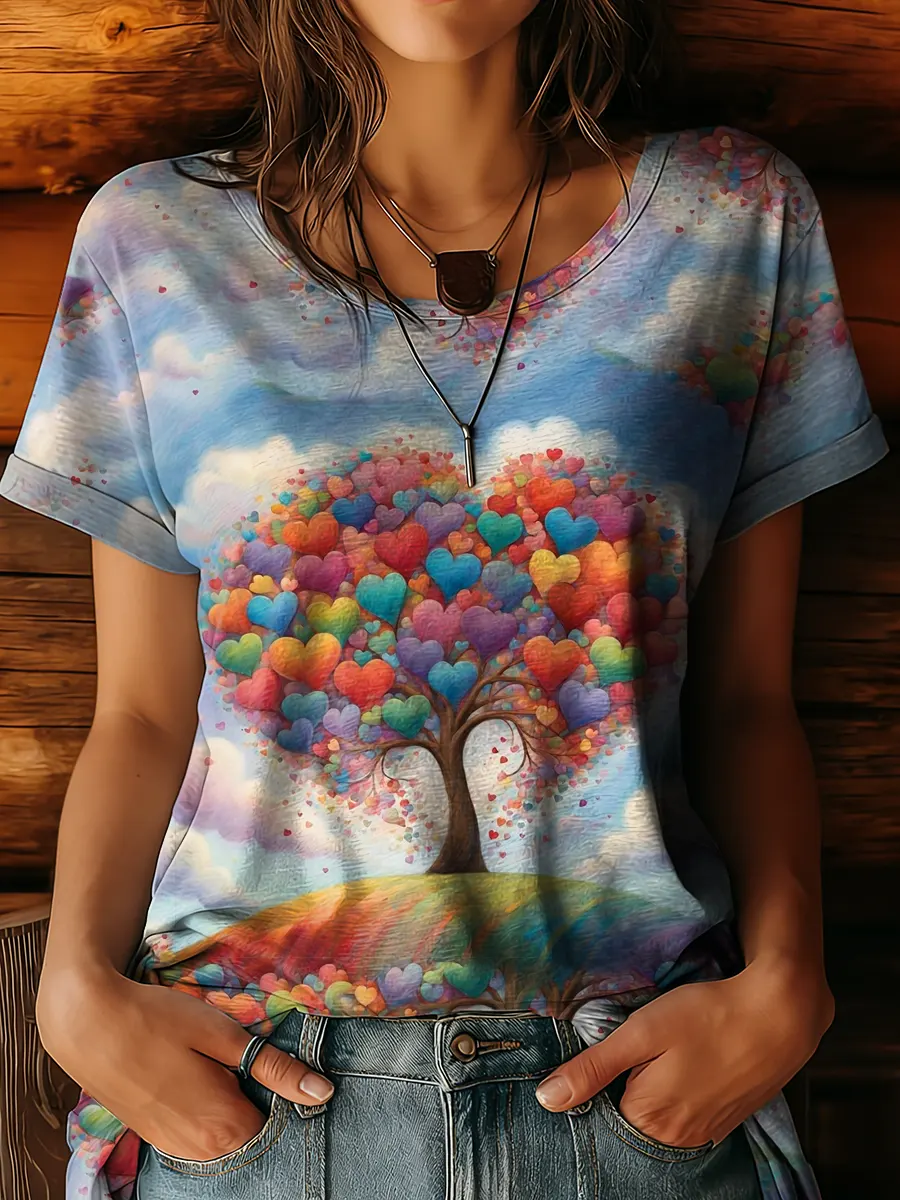 Women's Artistic Heart Tree Print Crew Neck 100% Cotton T-shirt