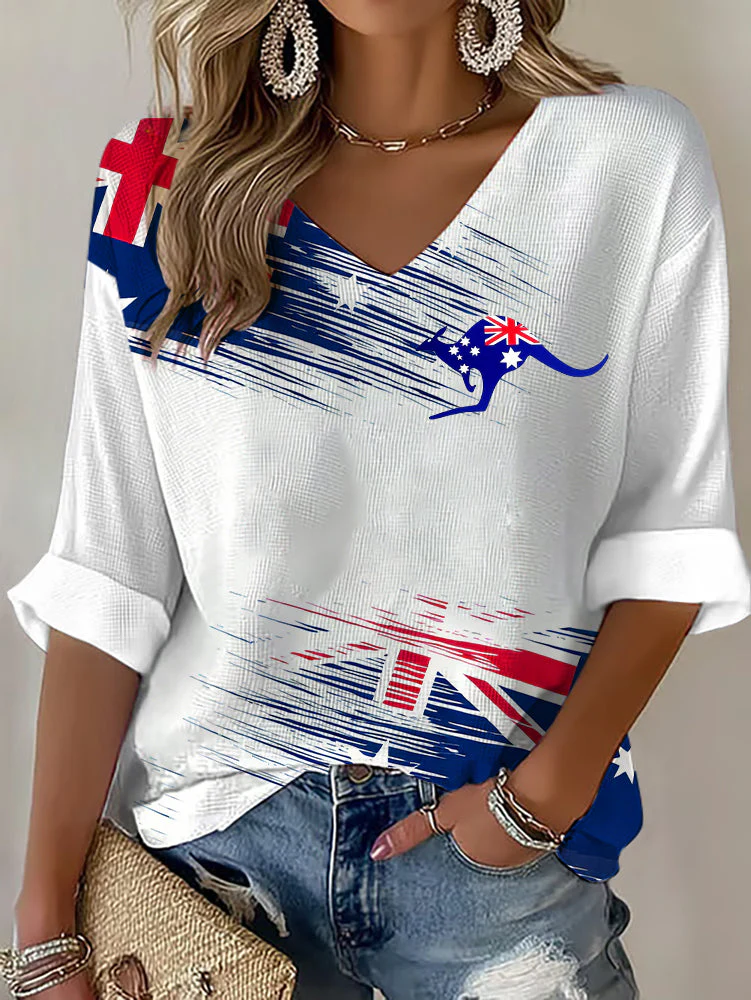 Women's Australian Flag Print Casual V-Neck Waffle T-shirt