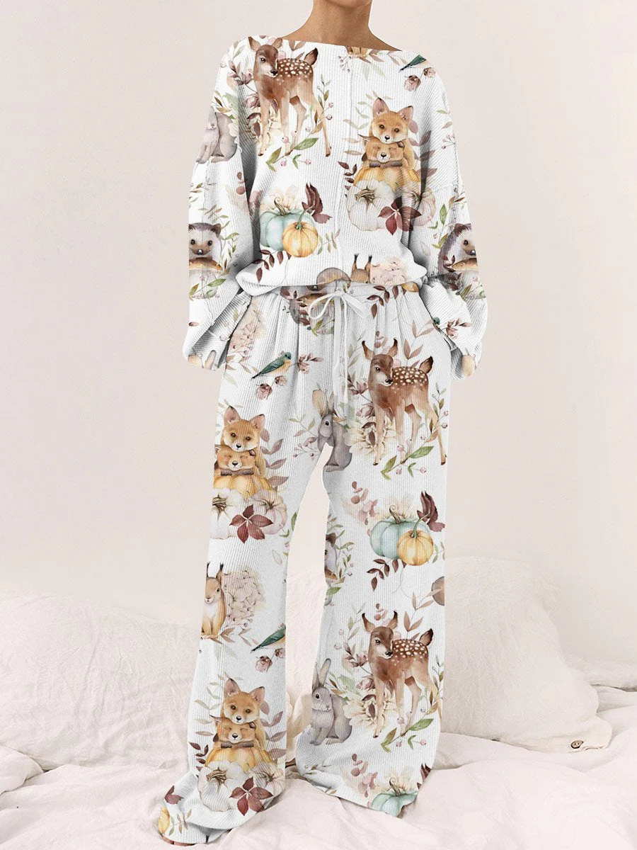 Women's Autumn and Winter Fox and Deer Print Long Sleeve Pajama Set - Image 2