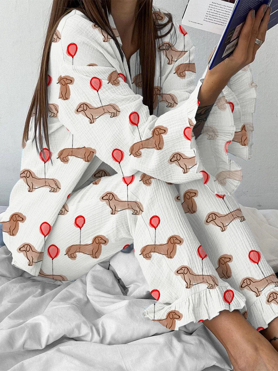Women's Balloon Puppy Print Long Sleeve Loose Pajama Set