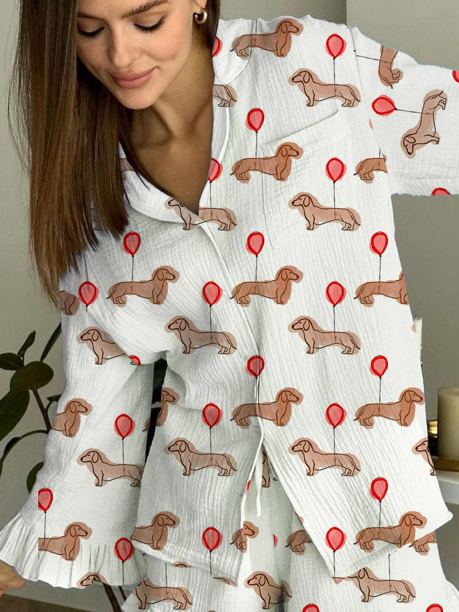 Women's Balloon Puppy Print Long Sleeve Loose Pajama Set - Image 2