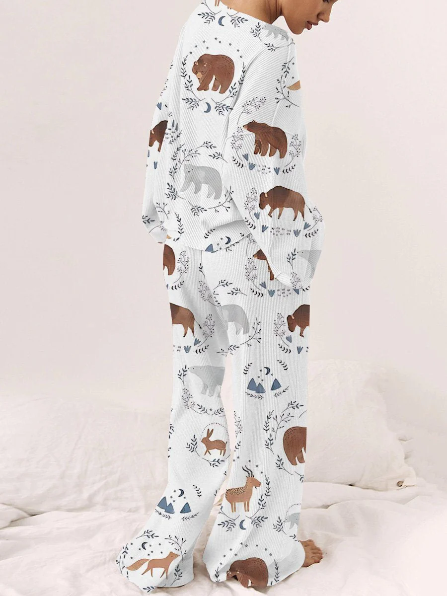 Women's Bear Fox Print Long Sleeve Pajama Set