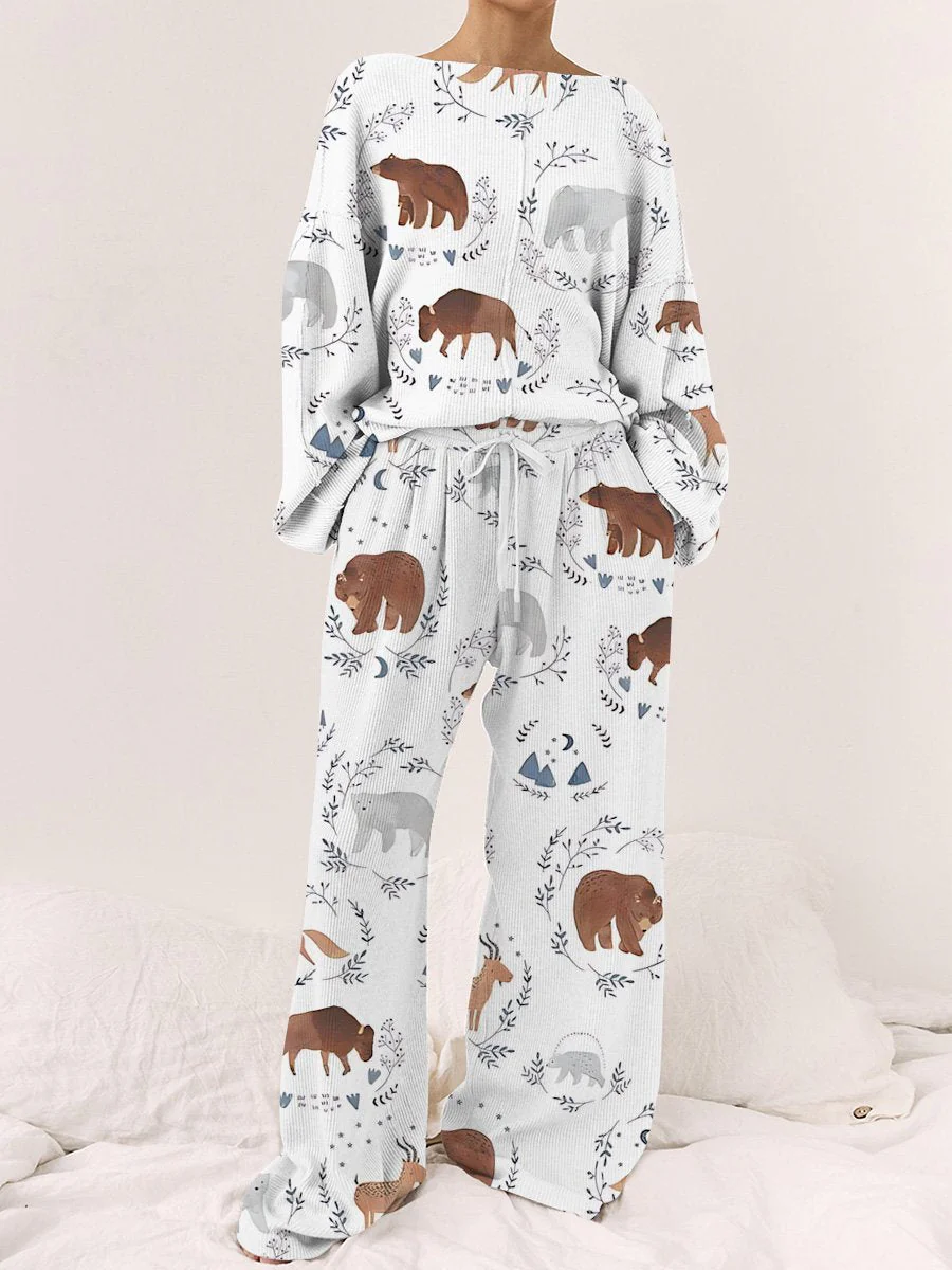 Women's Bear Fox Print Long Sleeve Pajama Set - Image 2