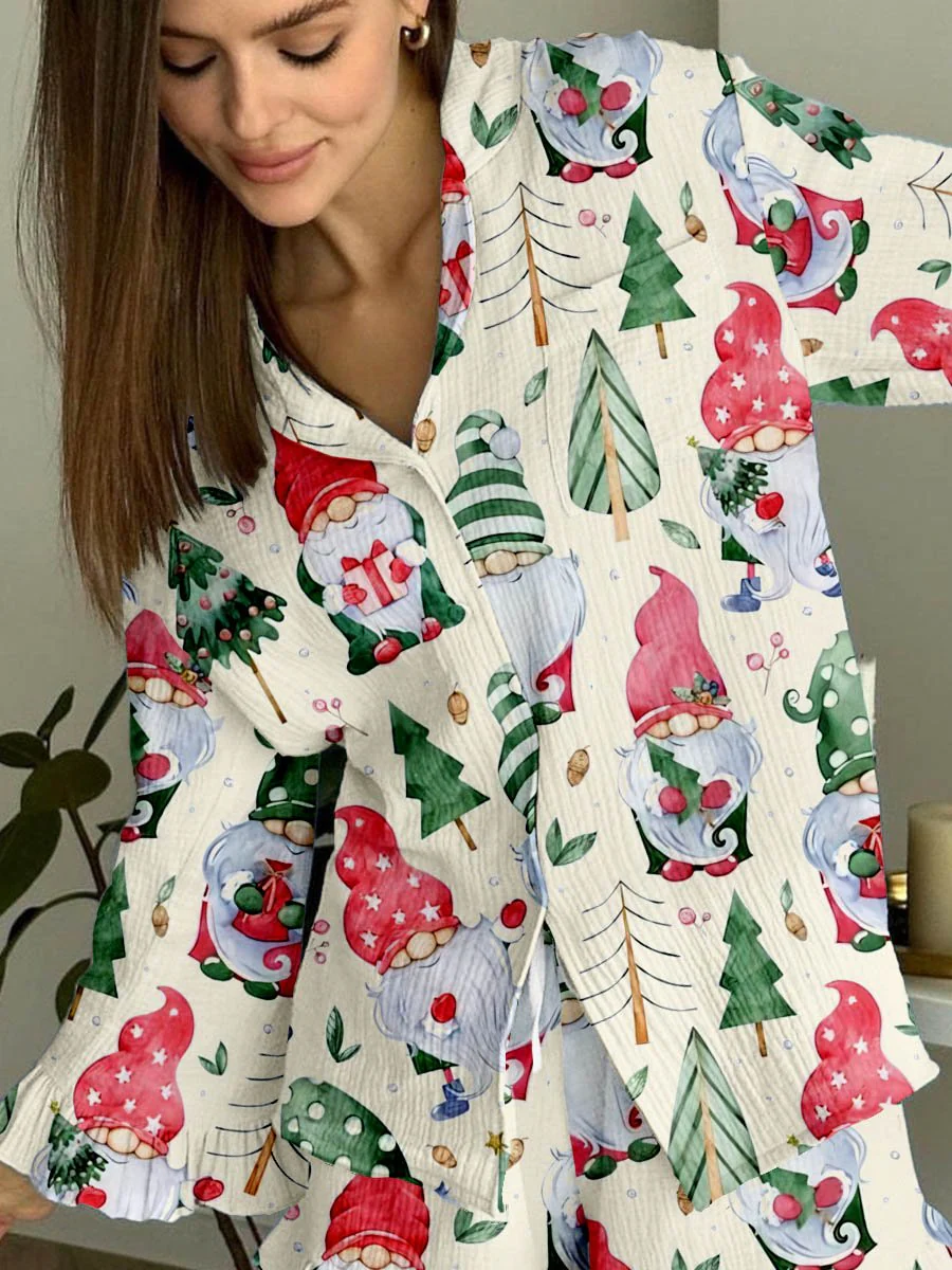 Women's Beige Christmas Dwarf Print Cardigan Ruffle Set