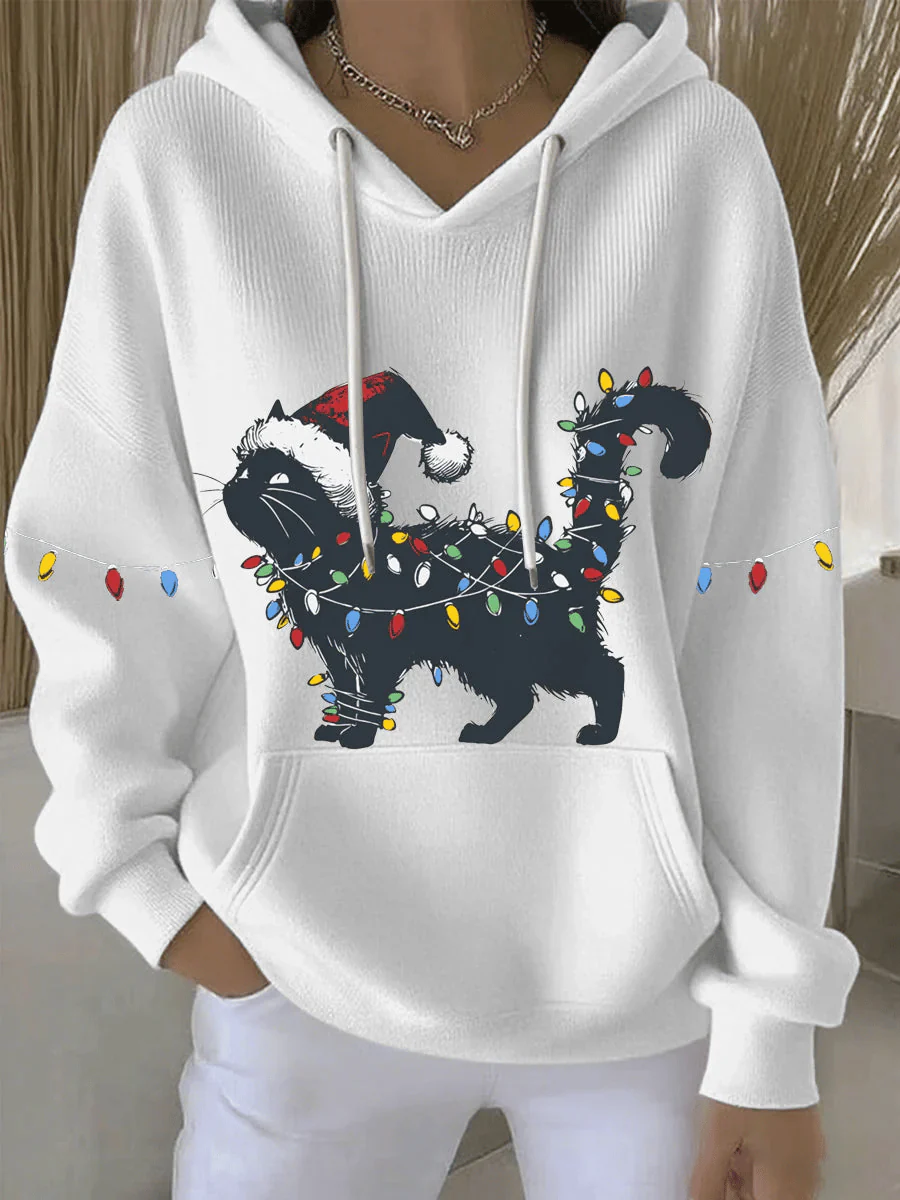 Women's Black Cat Print Casual Sweatshirt - Image 4