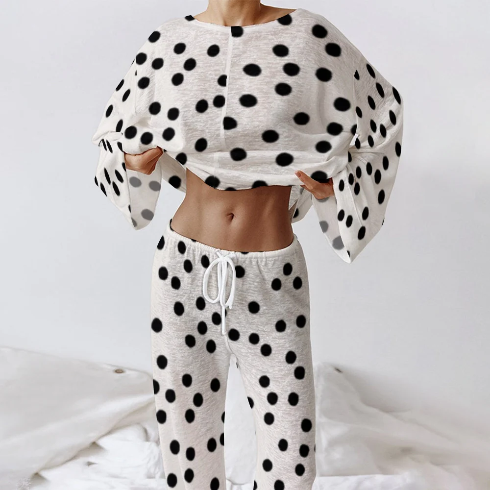 Women's Black Polka Dot Printed Loose Wide Loungewear Set - Image 3