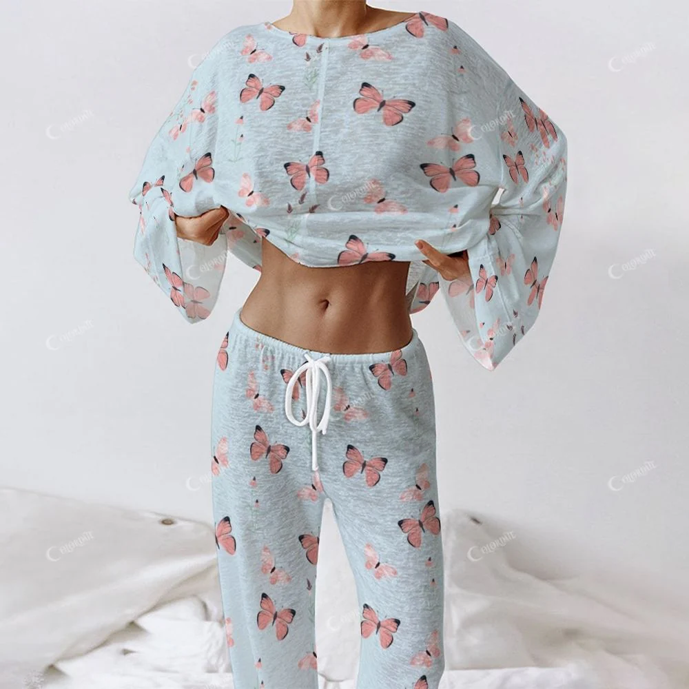 Women's Blue Butterfly Long Sleeve Cotton Homewear Set