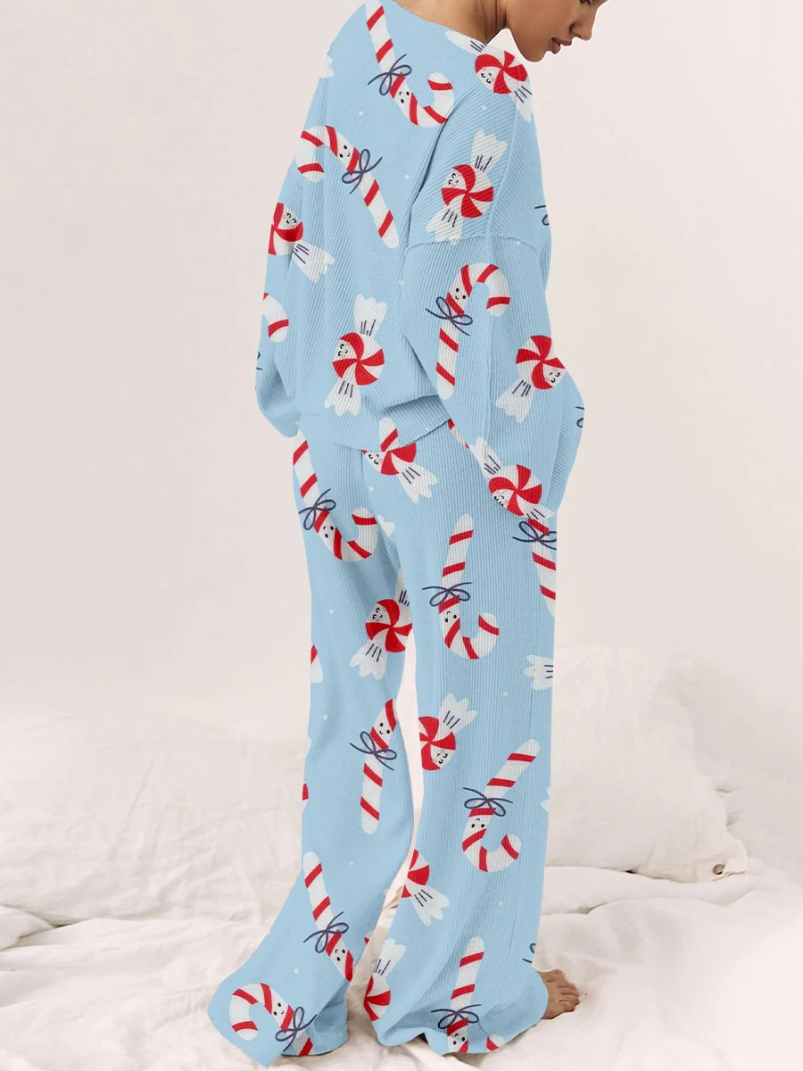 Women's Blue Christmas Candy Print Round Neck Linen Cotton Suit - Image 2