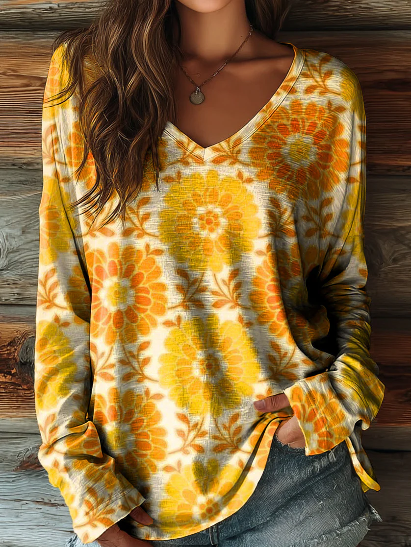 Women's Bohemian Floral Art Print Casual V-neck Long Sleeve T-shirt