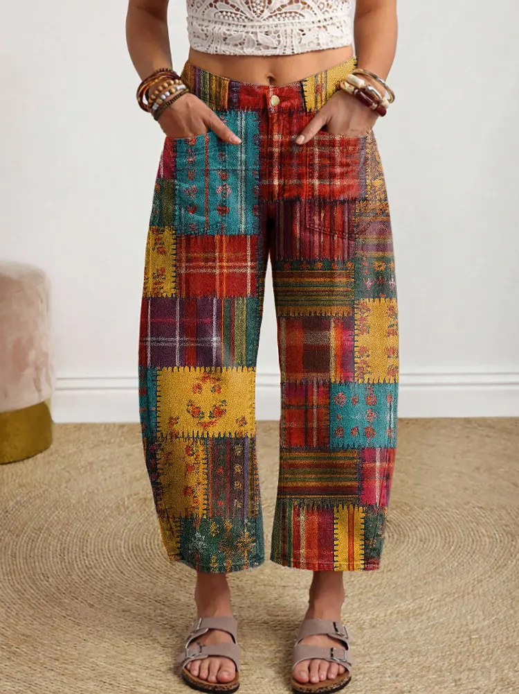 Women's Bohemian Floral Patchwork Art Print Denim Jeans