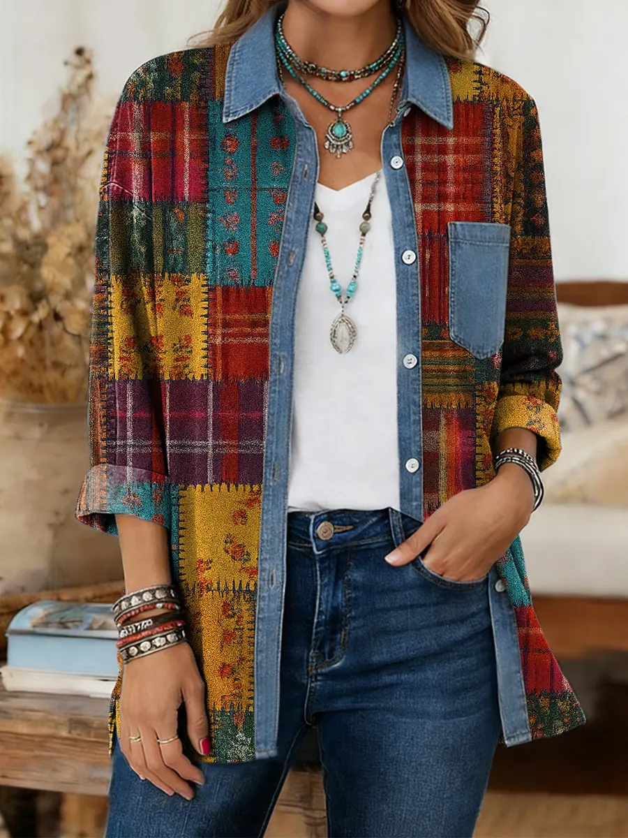 Women's Bohemian Floral Patchwork Art Print Long-sleeve Casual Shirt