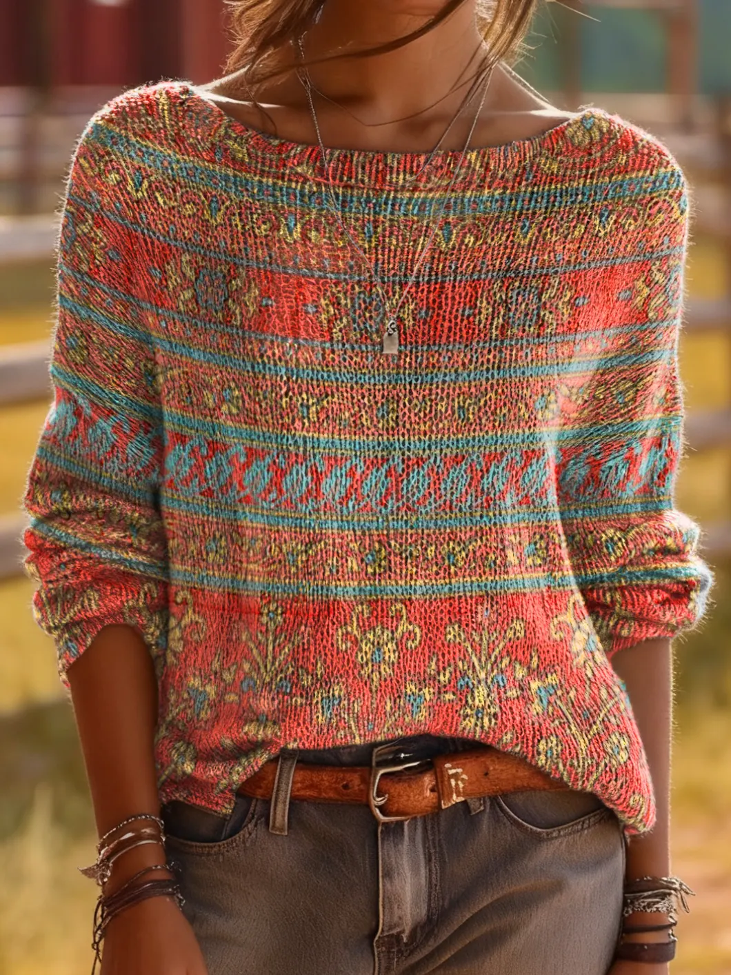 Women's Bohemian Floral Patchwork Print Crew Neck Long Sleeve Knit Sweater