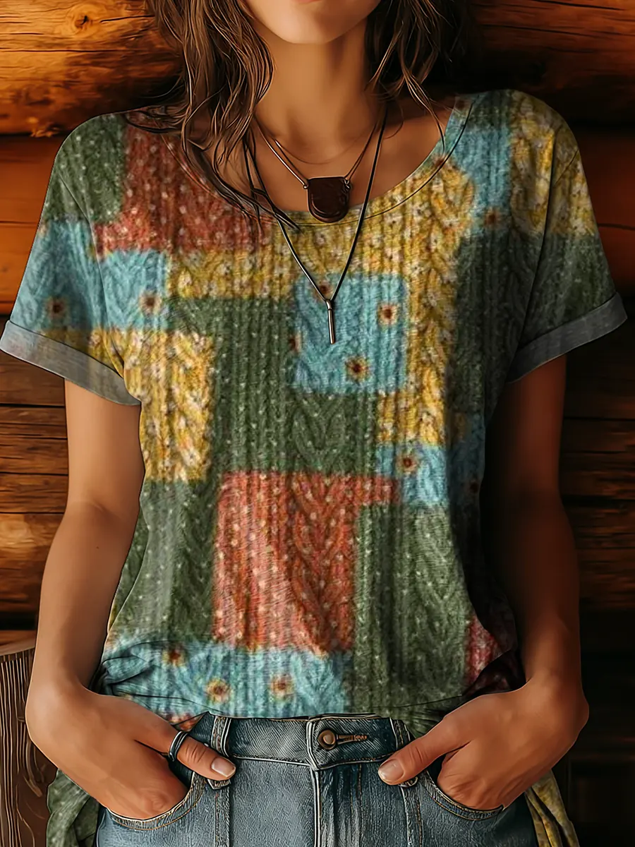 Women's Bohemian Geometric Patchwork Art Print Crew Neck 100% Cotton T-shirt