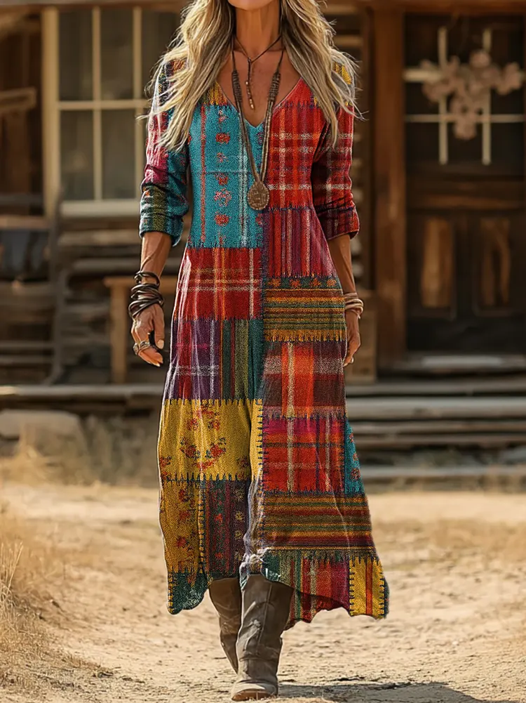 Women's Bohemian Patchwork Art Print Pocket Cotton Dress