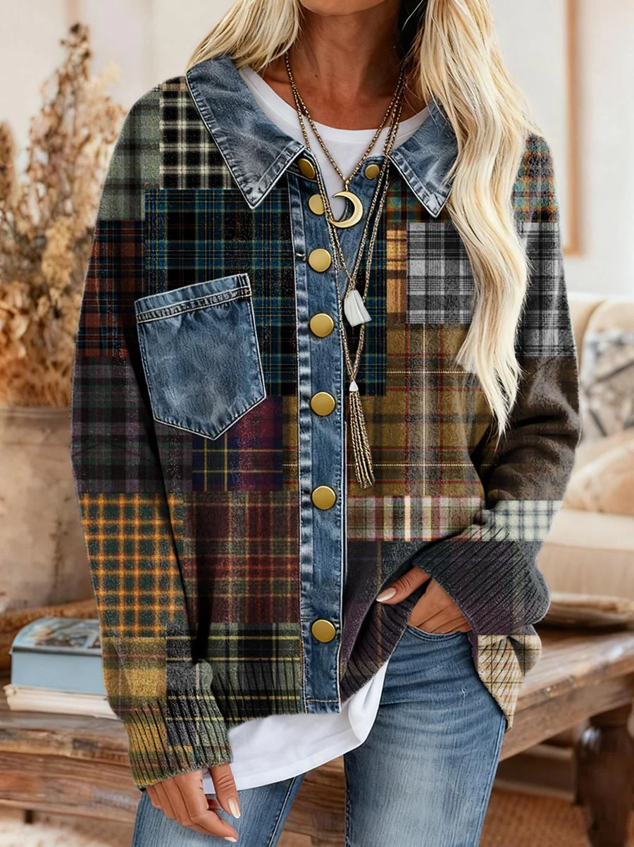 Women's Bohemian Patchwork Plaid Art Print Comfortable Denim Patchwork Knit Sweater