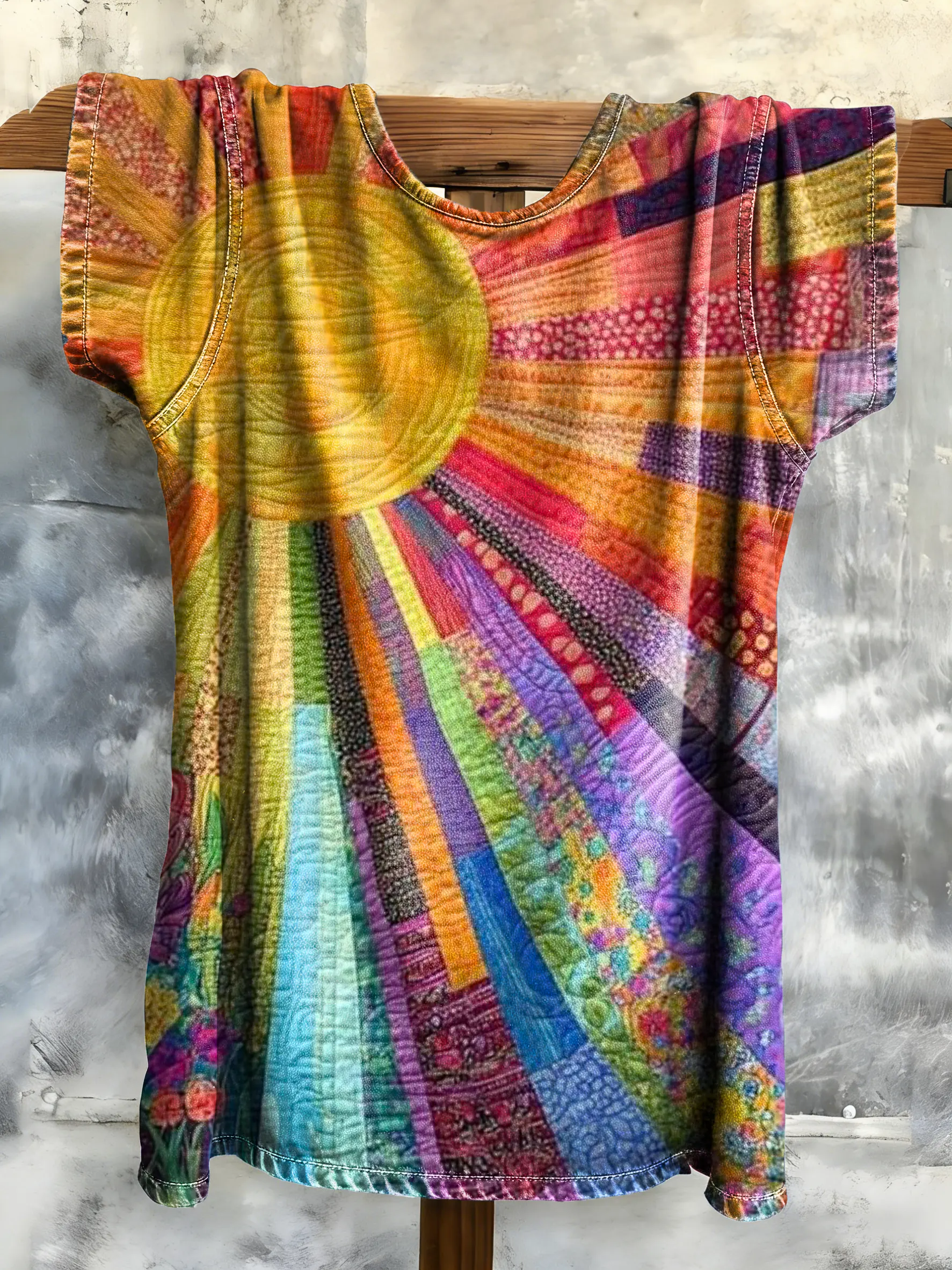 Women's Bohemian Patchwork Sun Pattern Art Print Crew Neck Denim Casual Short Sleeve