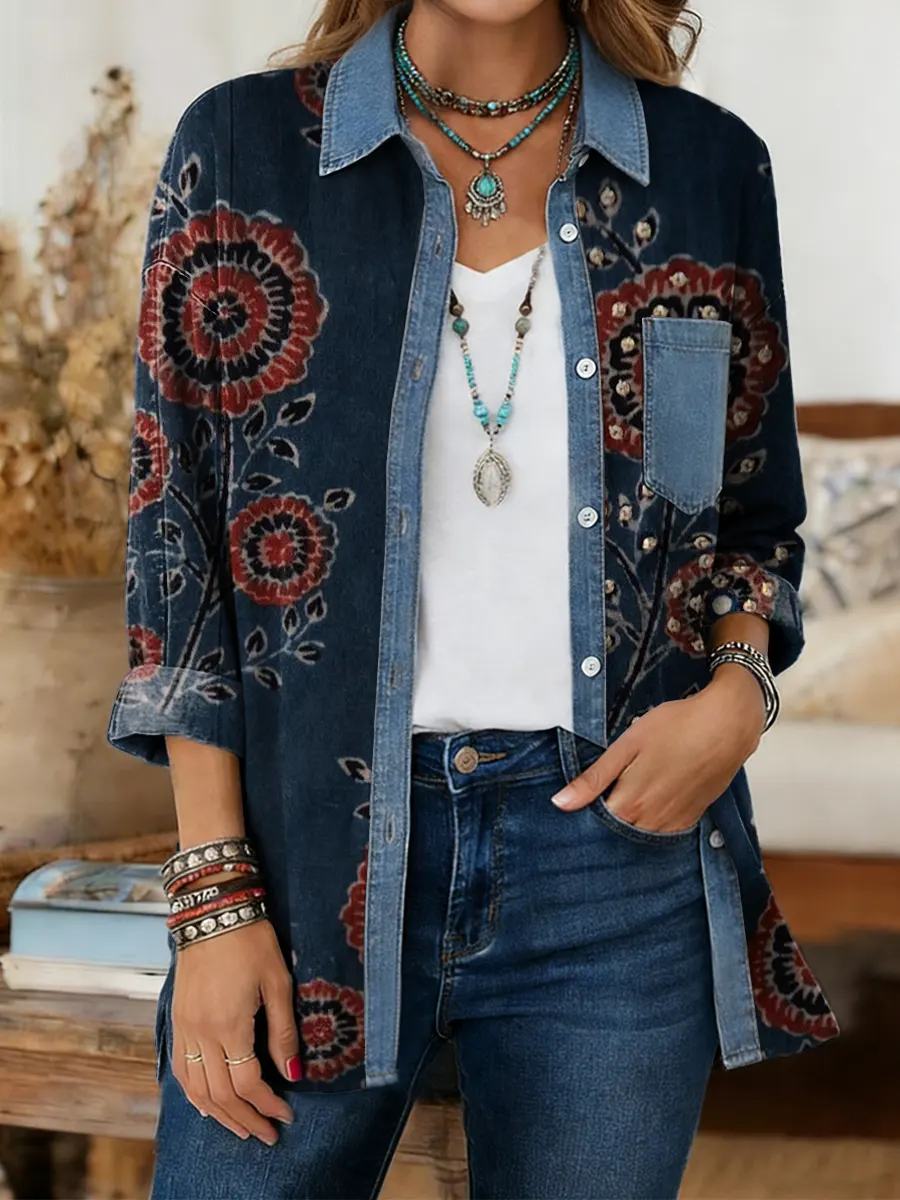 Women's Bohemian-style Floral Art Print Casual Long-sleeved Washed Cotton Denim Shirt