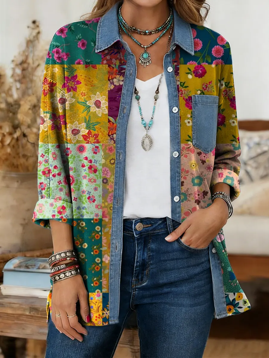 Women's Bohemian Style Floral Patchwork Art Print Casual Long-sleeved Washed Cotton Denim Shirt