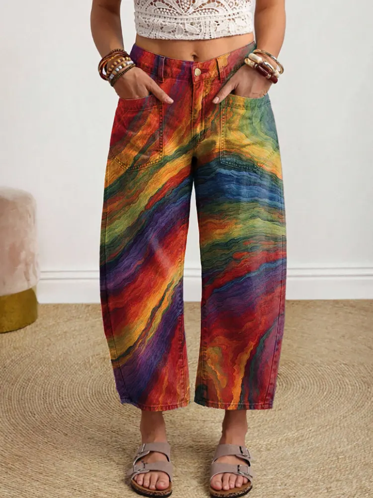 Women's Bohemian Style Oil Painting Tie-dye Art Print Denim Jeans