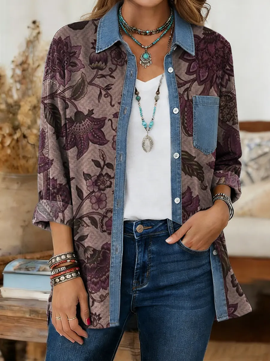 Women's Bohemian Style Vintage Floral Art Print Casual Long-sleeved Washed Cotton Denim Shirt