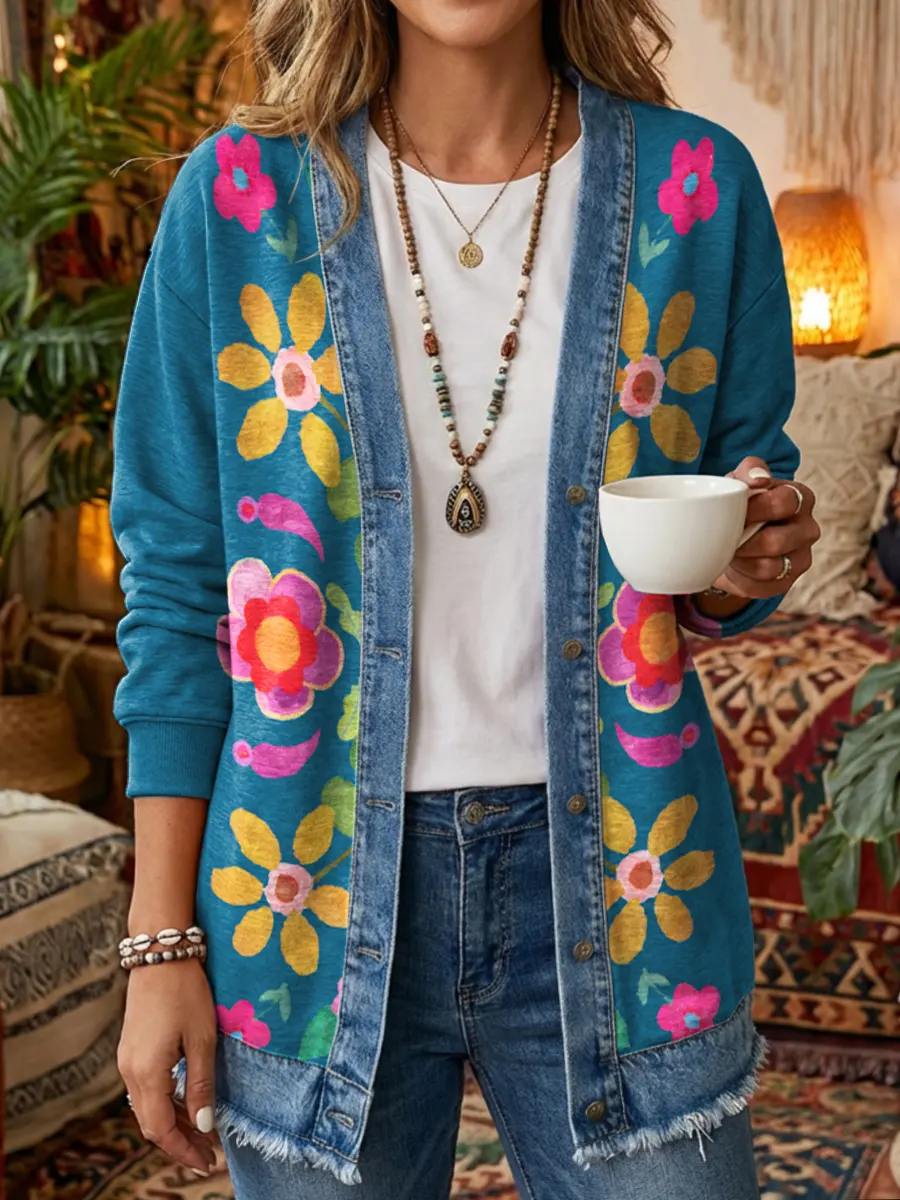 Women's Boho Floral Art Print Casual Cotton Denim Patchwork Jacket