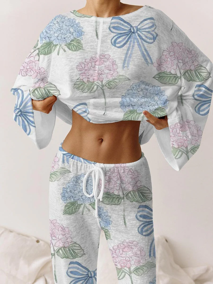 Women's Bow and Hydrangea Fresh Elegant Loungewear Set - Image 2