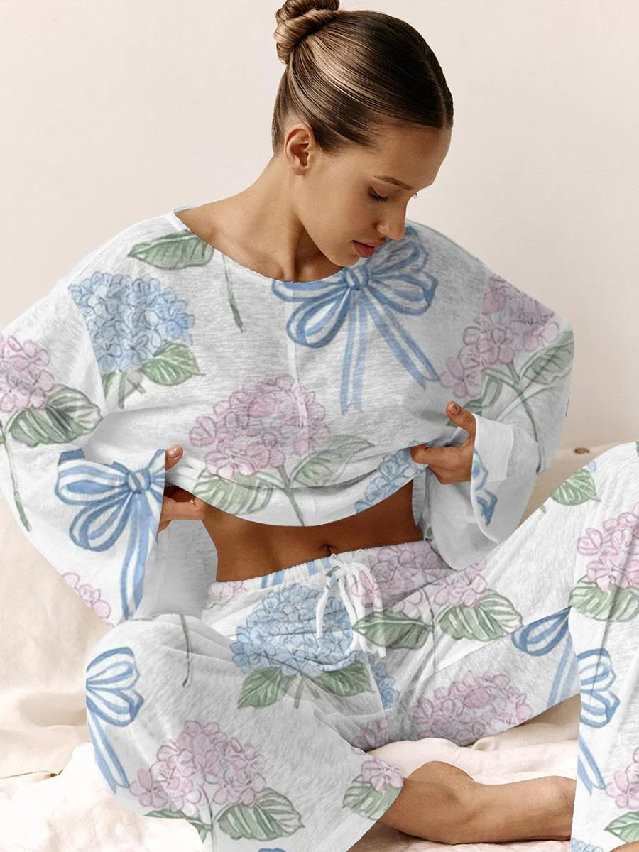 Women's Bow and Hydrangea Fresh Elegant Loungewear Set - Image 3