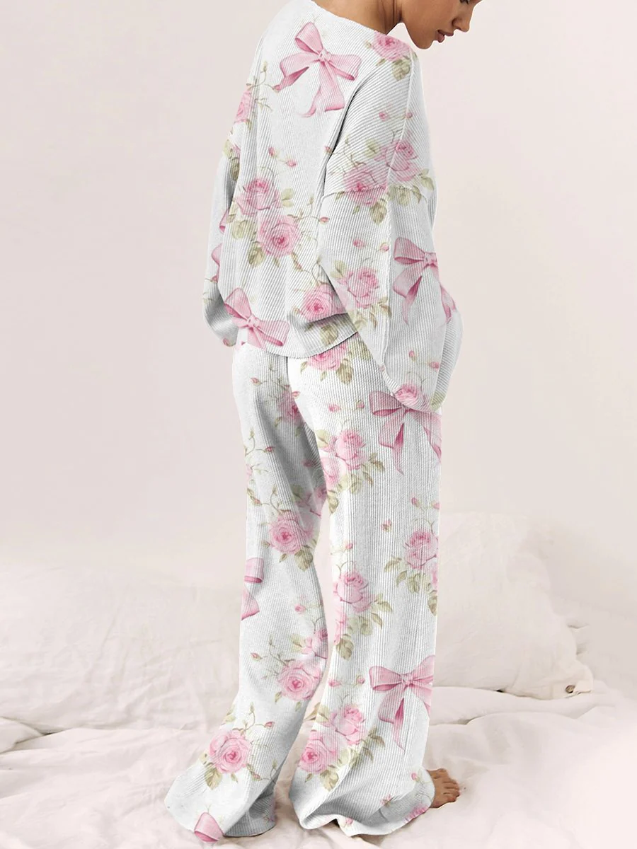 Women's Bow Flower Long Sleeve Pants Suit - Image 2