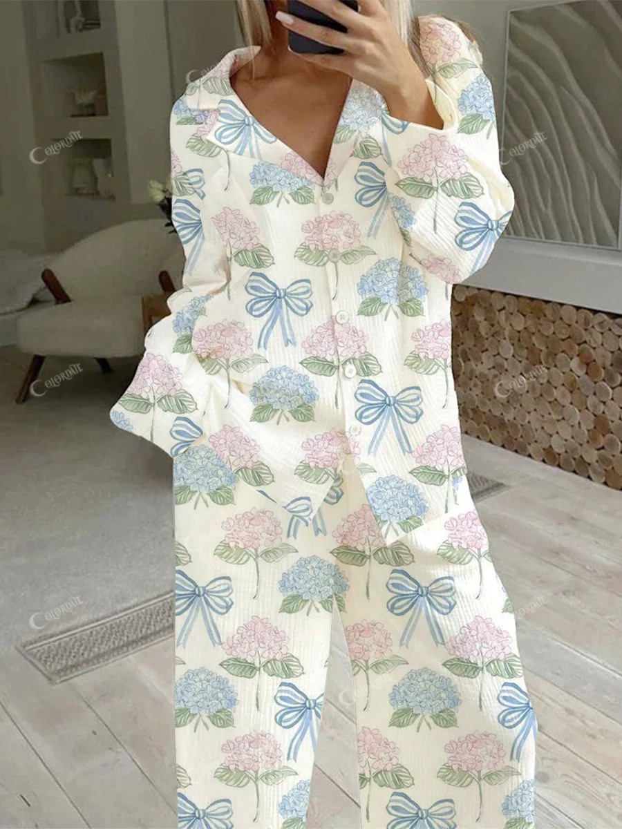 Women's Bow Flower Print Home Long Sleeve Suit