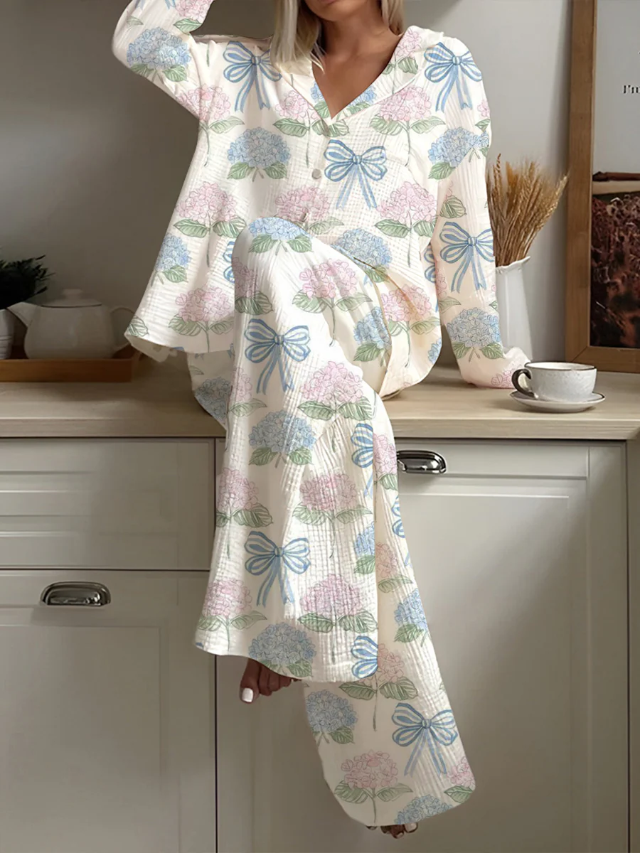 Women's Bow Flower Print Home Long Sleeve Suit - Image 2