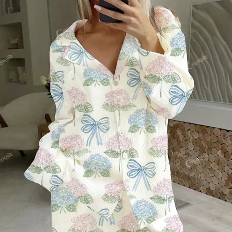 Women's Bow Flower Print Home Long Sleeve Suit - Image 3