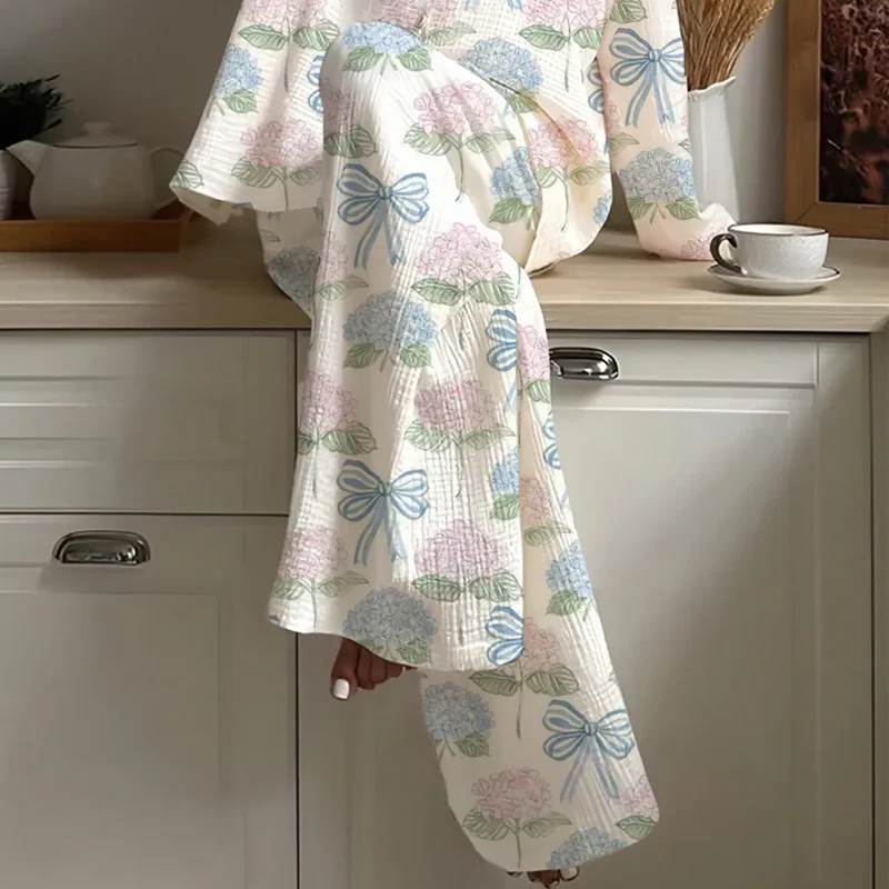 Women's Bow Flower Print Home Long Sleeve Suit - Image 4