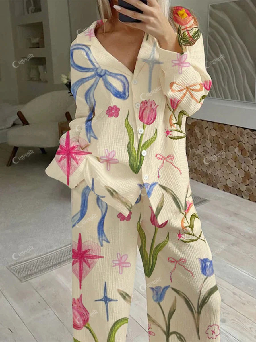 Women's Bow Tulip Flowers Art Pajama Set