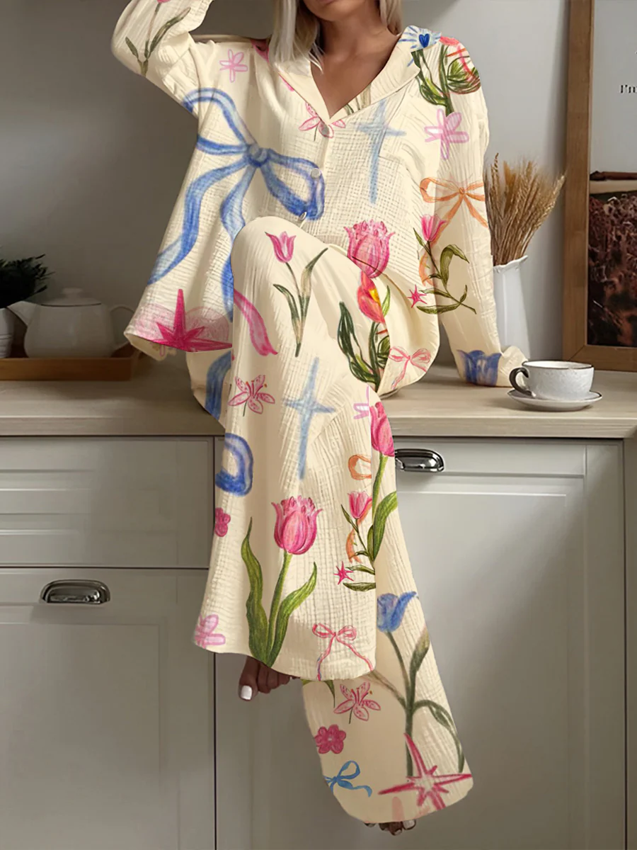 Women's Bow Tulip Flowers Art Pajama Set - Image 2