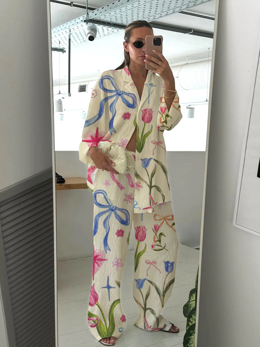 Women's Bow Tulip Flowers Art Pajama Set - Image 3