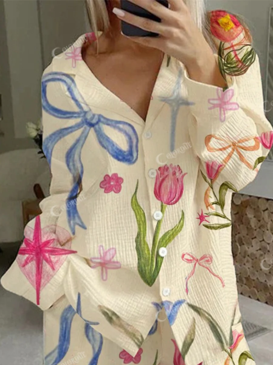 Women's Bow Tulip Flowers Art Pajama Set - Image 4