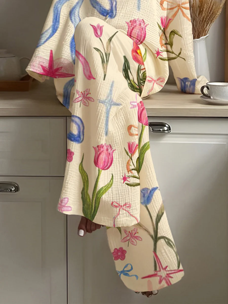 Women's Bow Tulip Flowers Art Pajama Set - Image 5