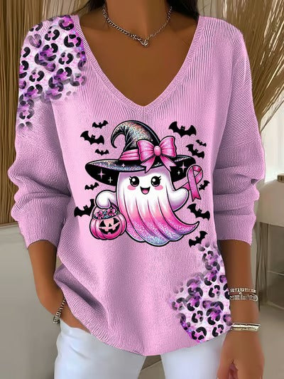 Women's Breast Cancer Ghost Leopard V Neck Pullover Sweater - Image 2