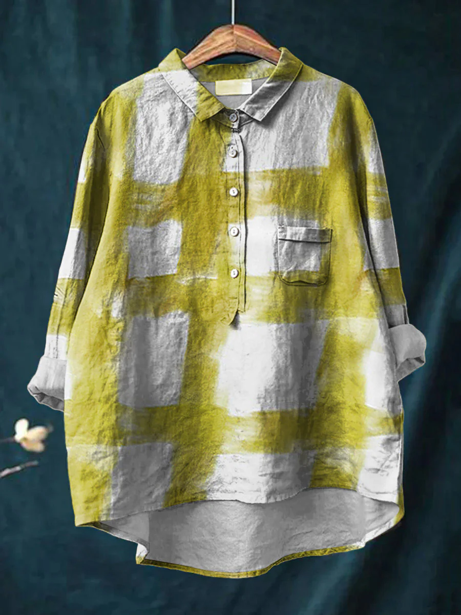 Women's Brushstroke Print Casual Cotton And Linen Shirt