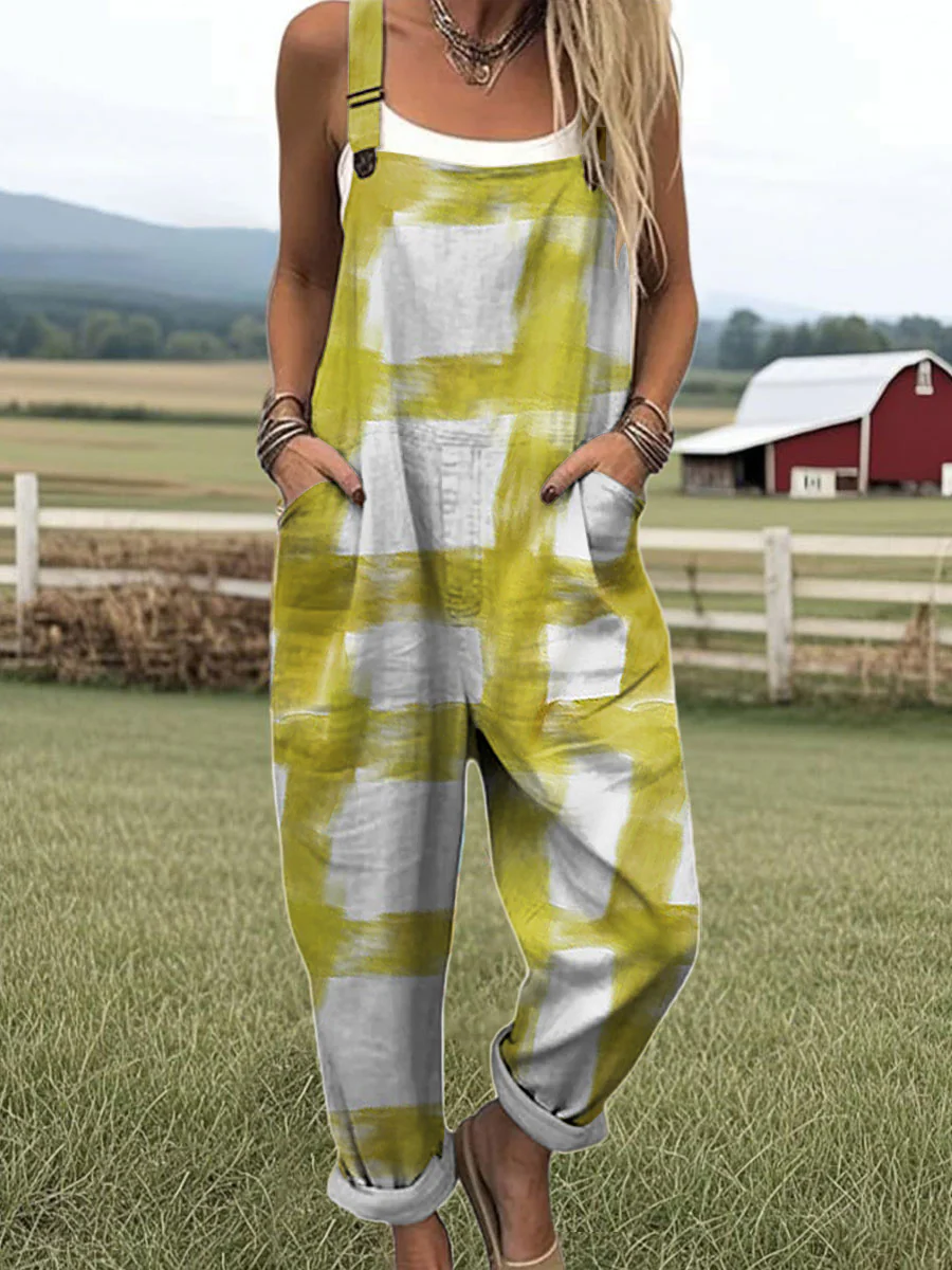 Women's Brushstroke Printed Casual 100% Cotton Wide Leg Jumpsuit