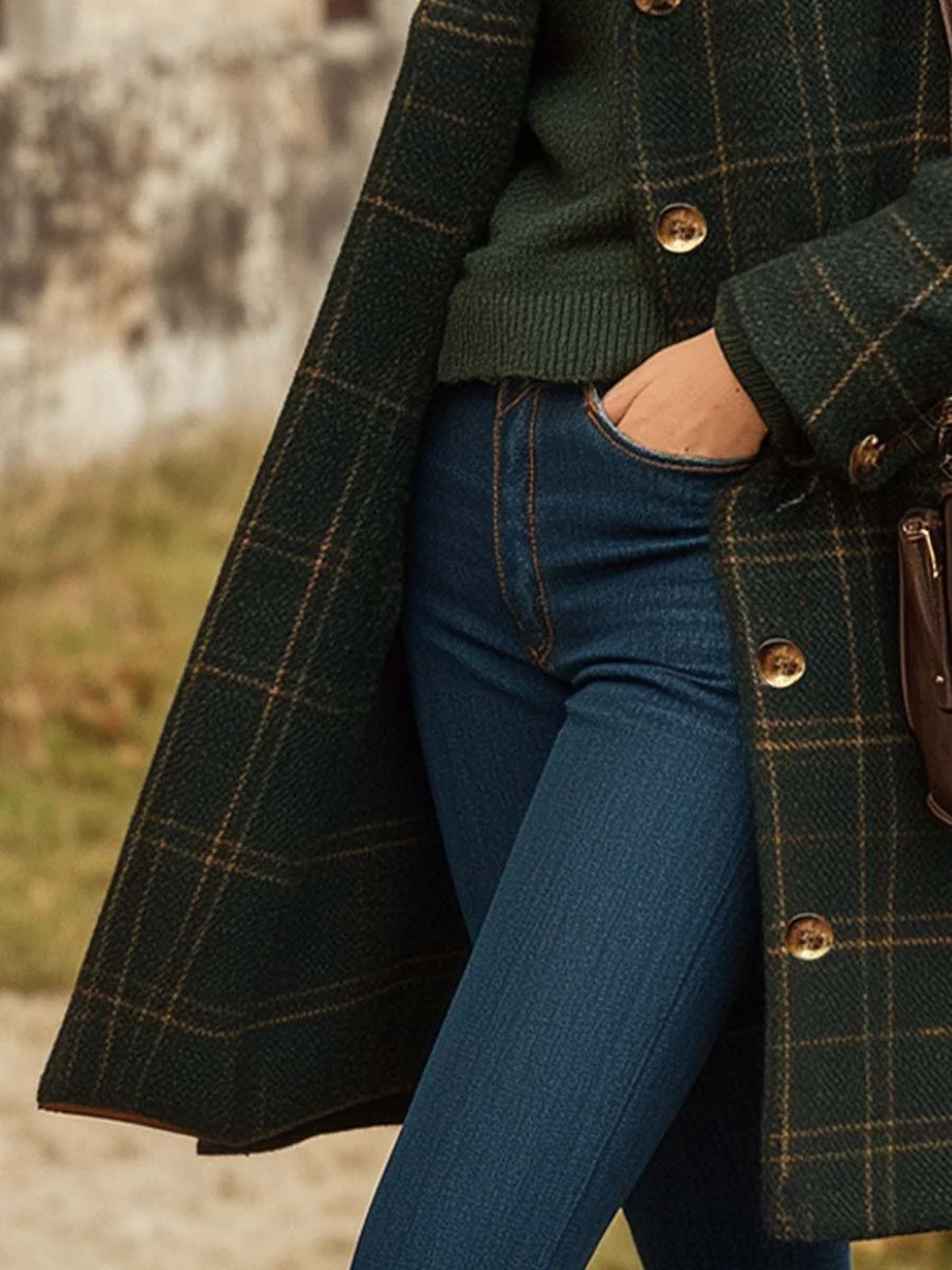 Women's Button Plaid Wool Coat - Image 3