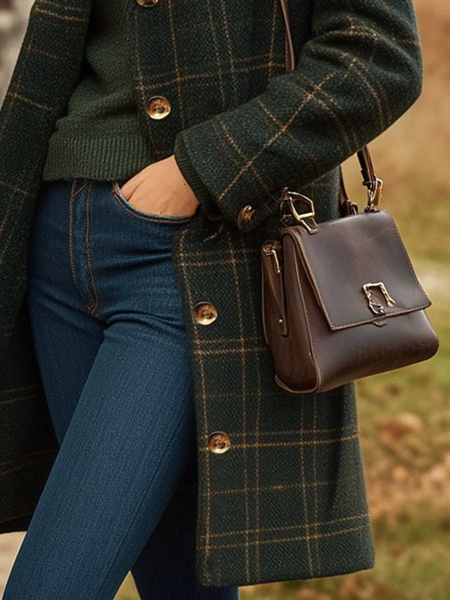 Women's Button Plaid Wool Coat - Image 4
