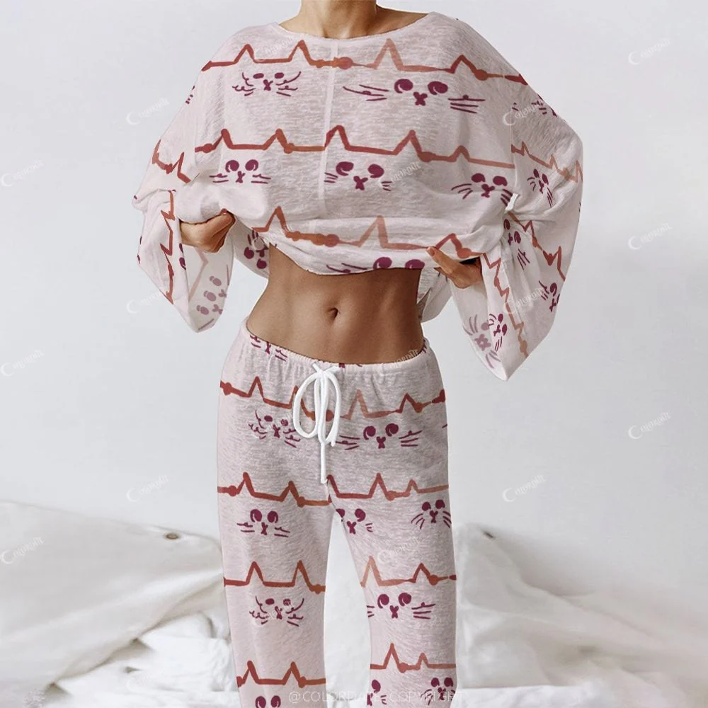Women's Cartoon Cat Long Sleeve Cotton Homewear Set