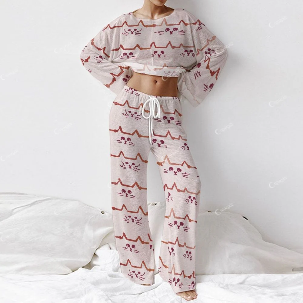 Women's Cartoon Cat Long Sleeve Cotton Homewear Set - Image 2