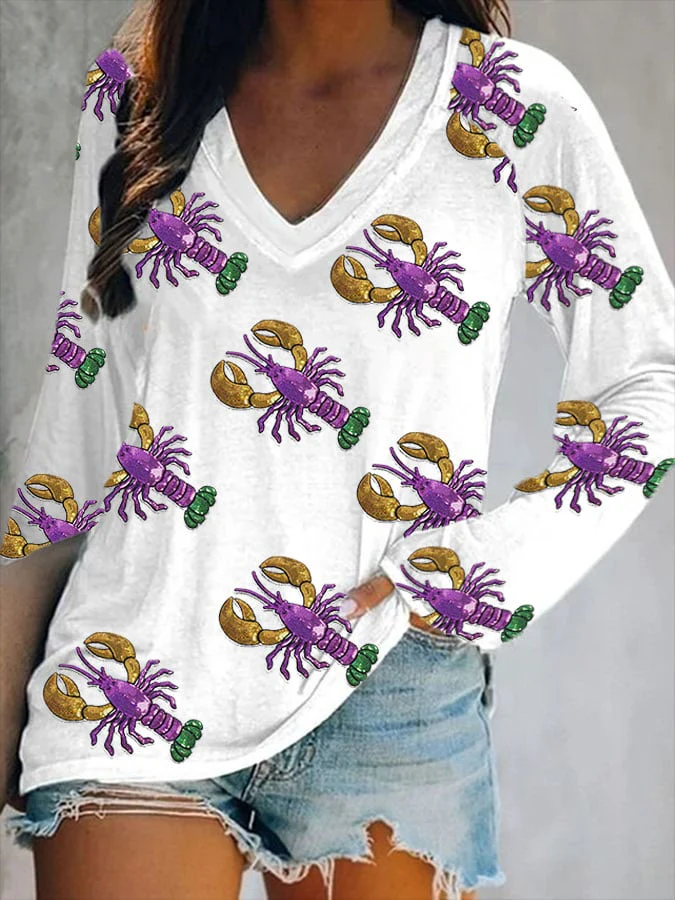 Women's Casual Carnival Print V-Neck Long Sleeve T-Shirt