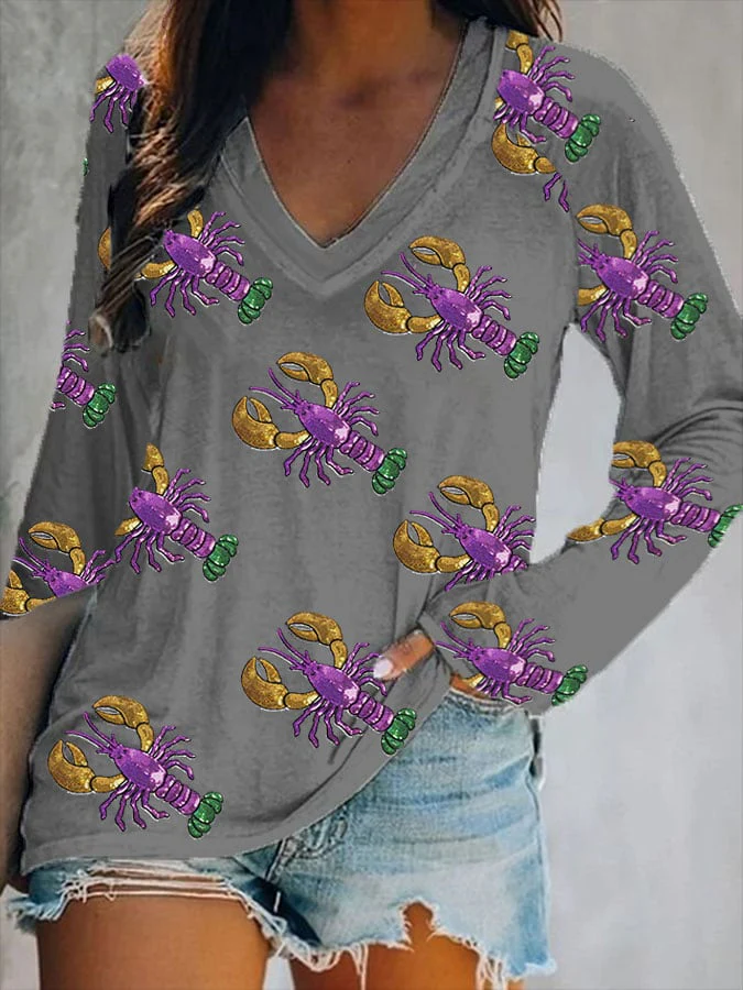 Women's Casual Carnival Print V-Neck Long Sleeve T-Shirt - Image 3